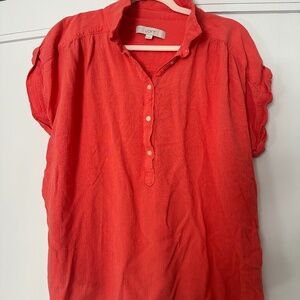 Loft XL Button Front & Roll Sleeve Crepe Blouse Salmon Pink